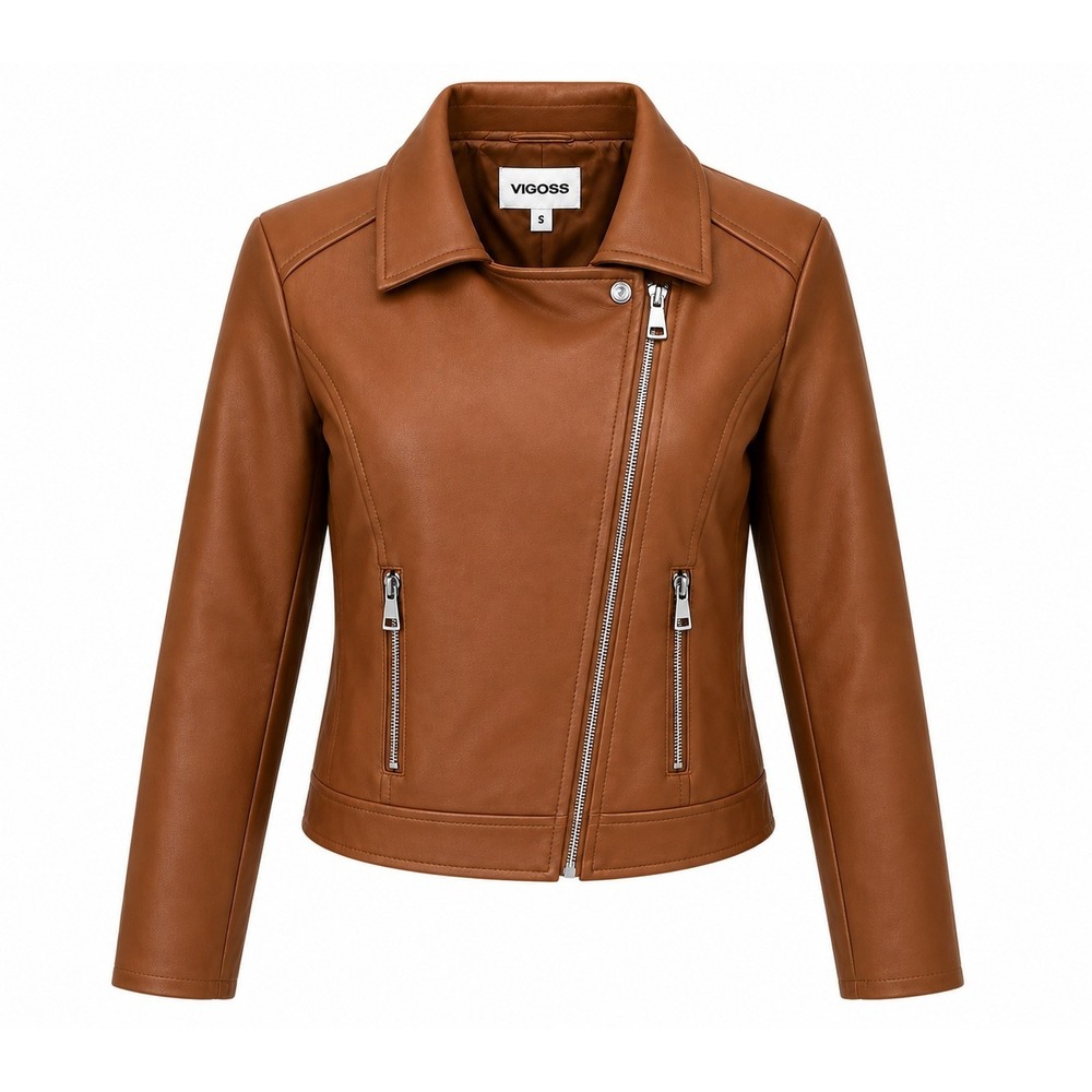 Vigoss Camel Faux Leather Moto Biker Jacket Womens Small Collared Zip Pockets